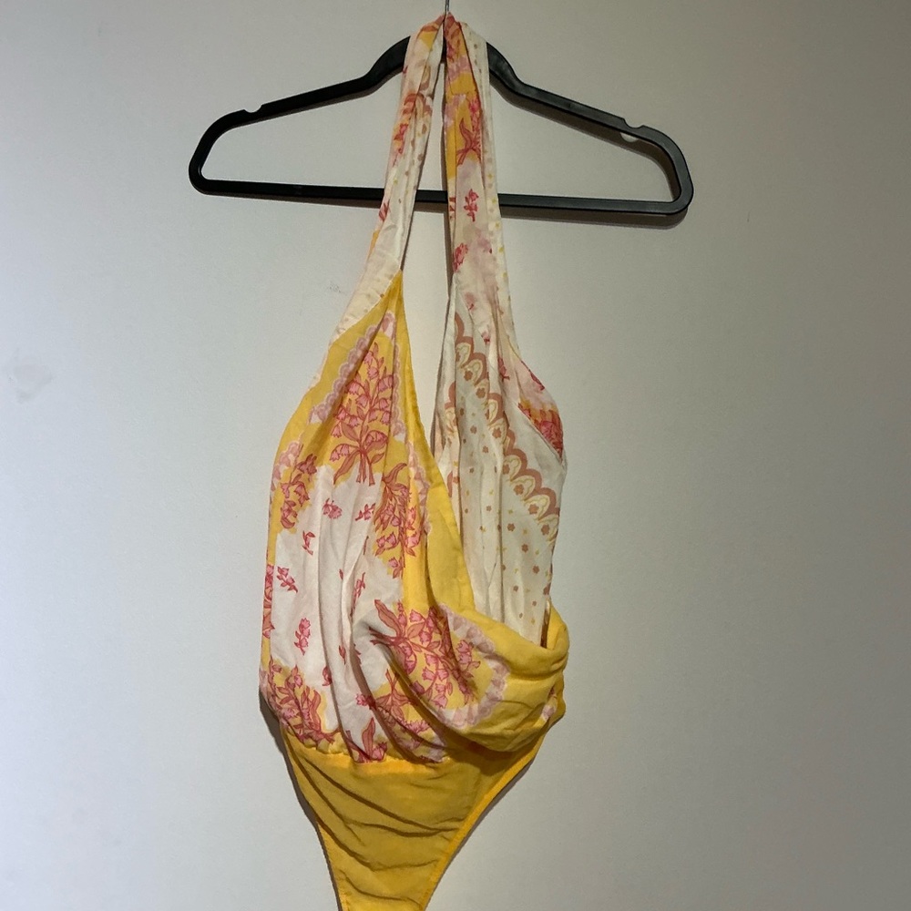 Free People Intimately Yellow and Pink Floral Halter bodysuit